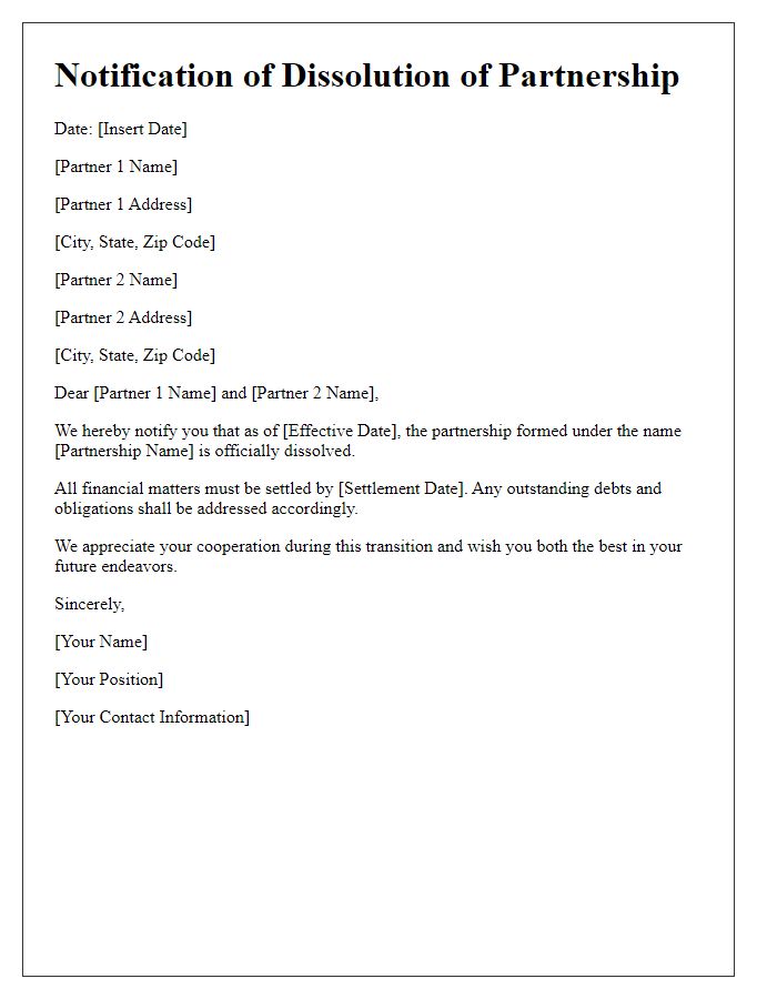 Letter template of dissolution of partnership notification