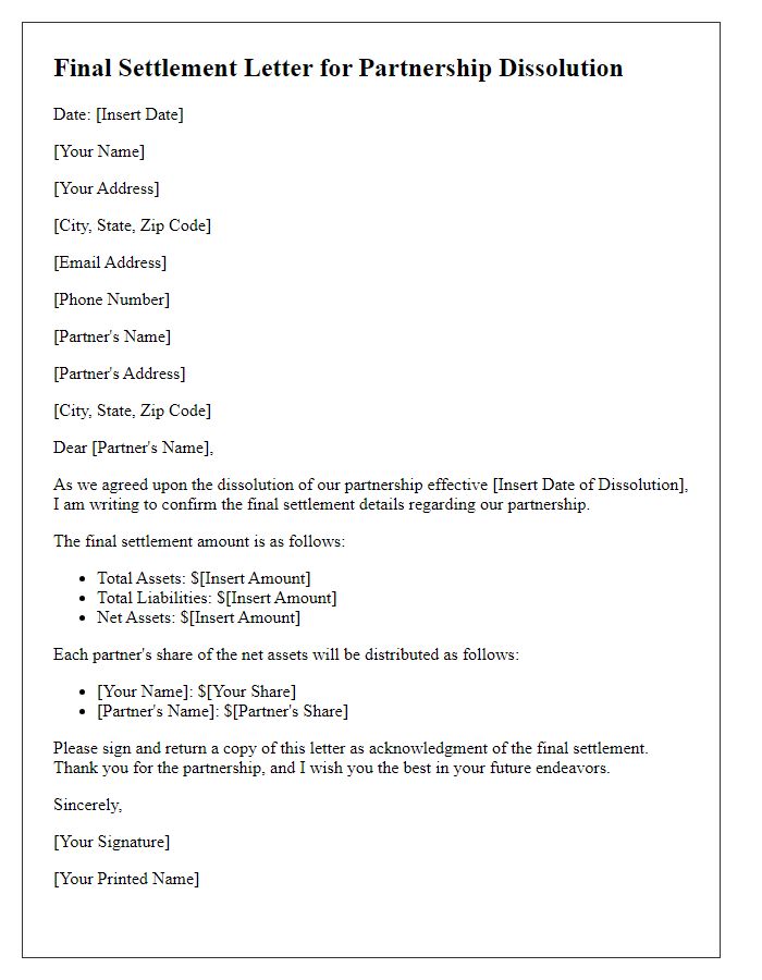 Letter template of final settlement for partnership dissolution