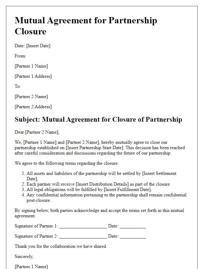 Letter template of mutual agreement for partnership closure