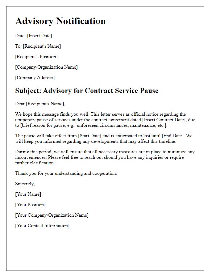 Letter template of advisory for contract service pause