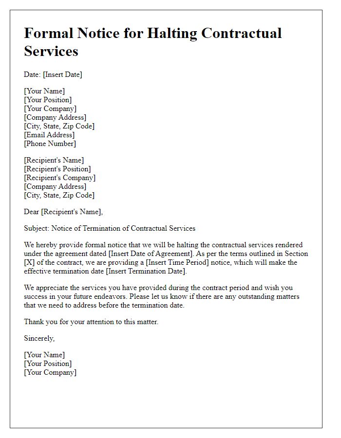 Letter template of formal notice for halting contractual services