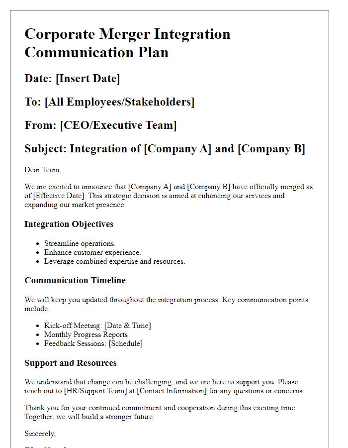 Letter template of corporate merger integration communication plan