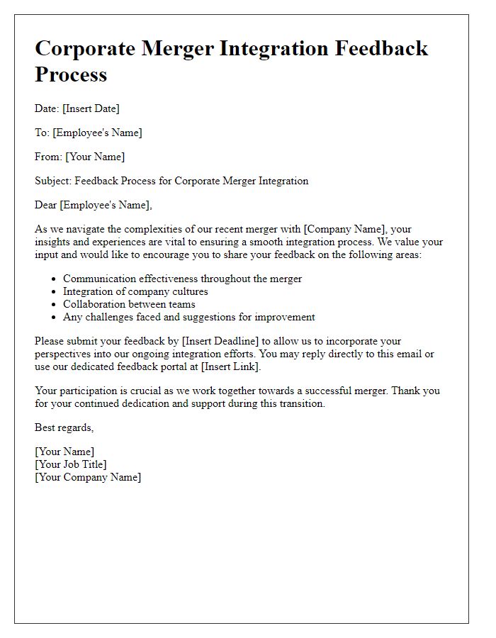 Letter template of corporate merger integration feedback process