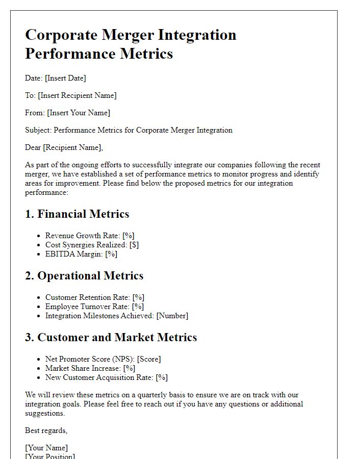 Letter template of corporate merger integration performance metrics