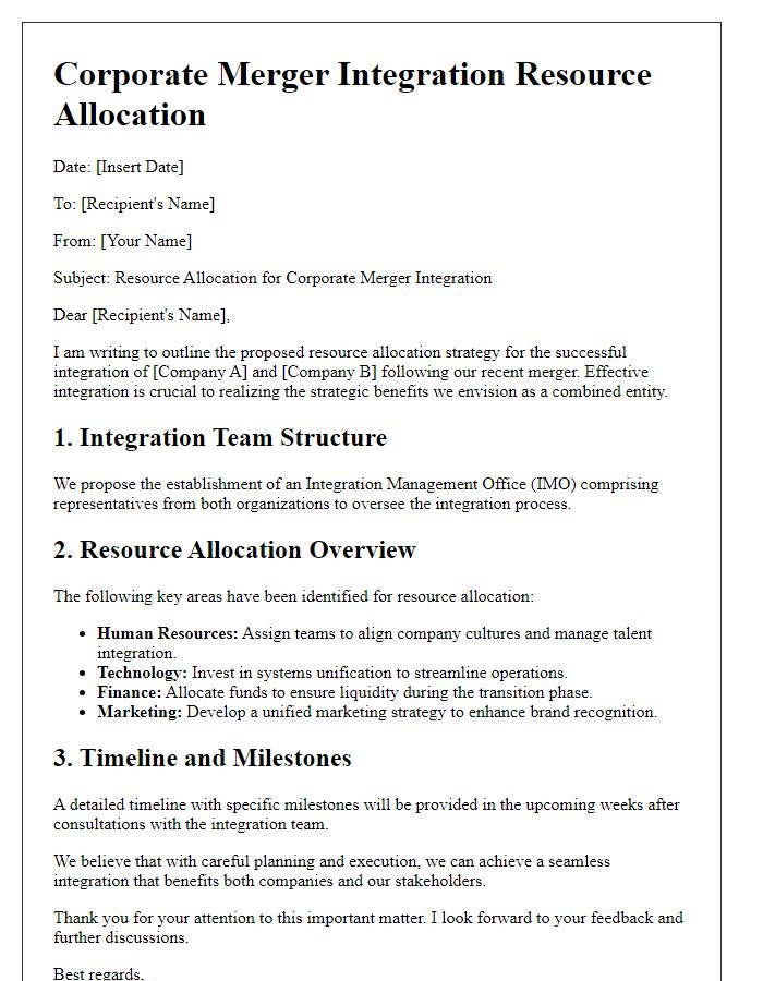 Letter template of corporate merger integration resource allocation