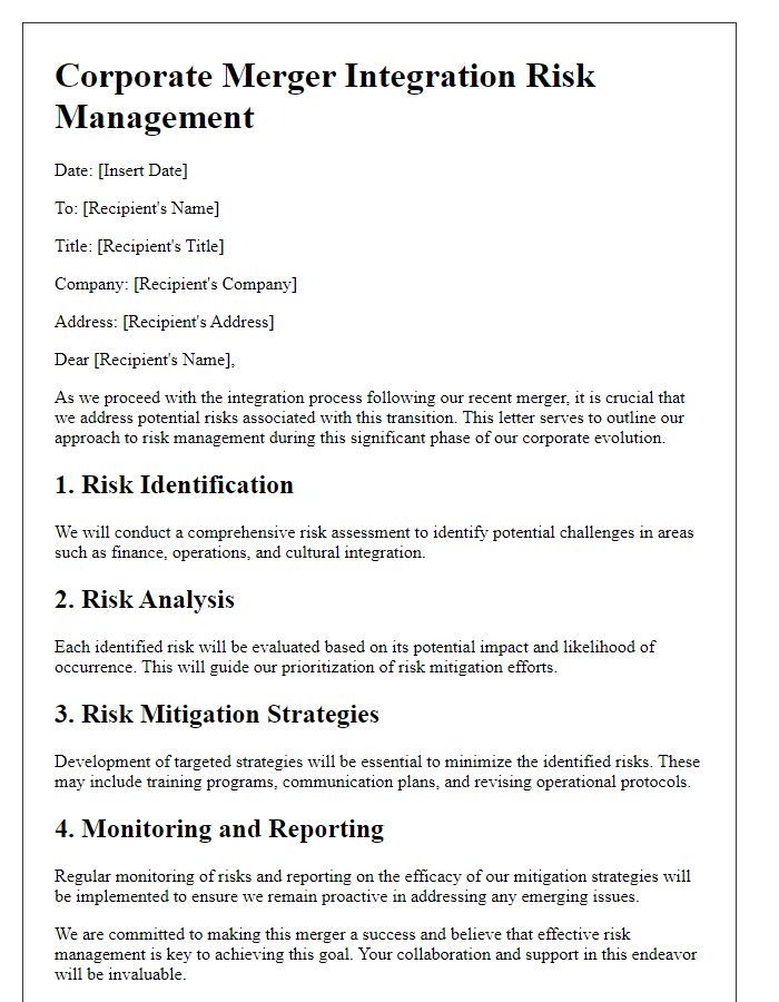 Letter template of corporate merger integration risk management