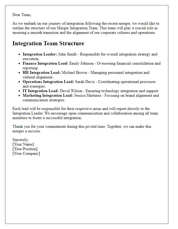 Letter template of corporate merger integration team structure