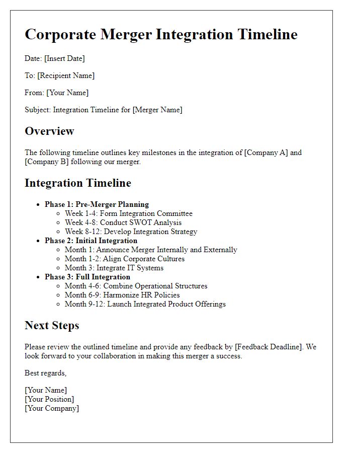 Letter template of corporate merger integration timeline