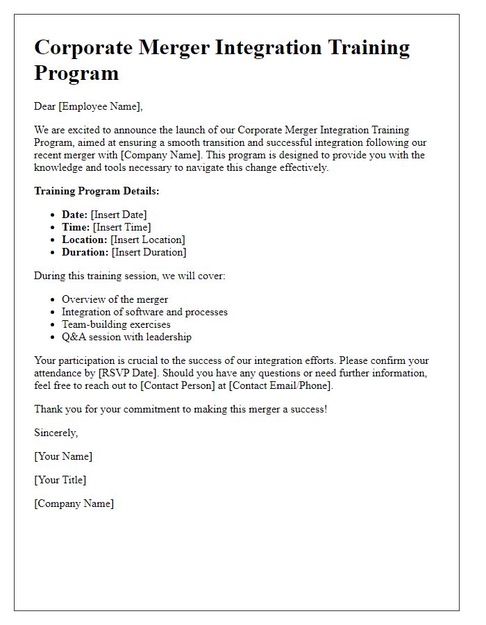 Letter template of corporate merger integration training program