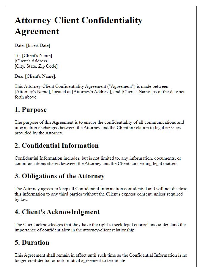 Letter template of Attorney-Client Confidentiality Agreement