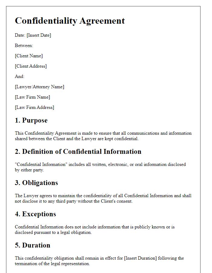 Letter template of Confidentiality Agreement for Legal Representation