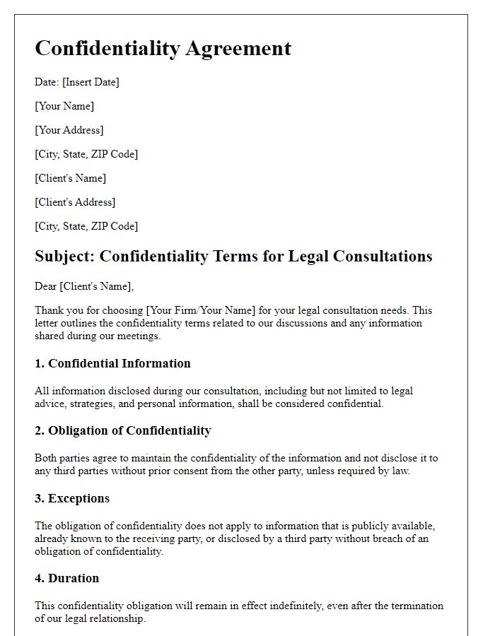 Letter template of Confidentiality Terms for Legal Consultations