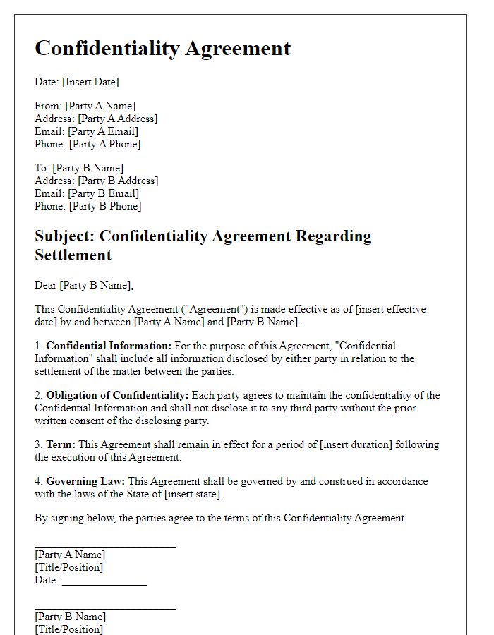 Letter template of Legal Settlement Confidentiality Agreement