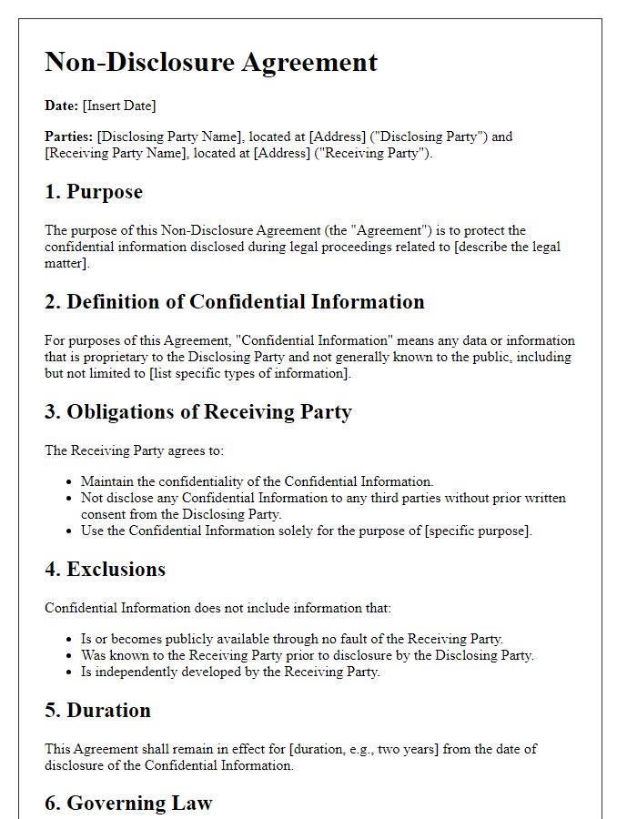 Letter template of Non-Disclosure Agreement for Legal Proceedings