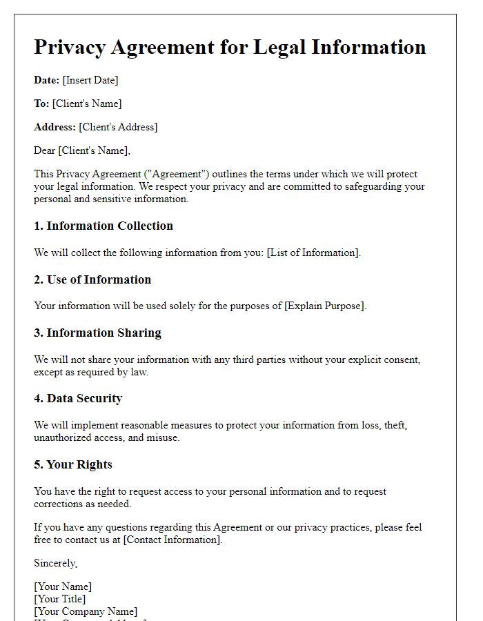 Letter template of Privacy Agreement for Legal Information