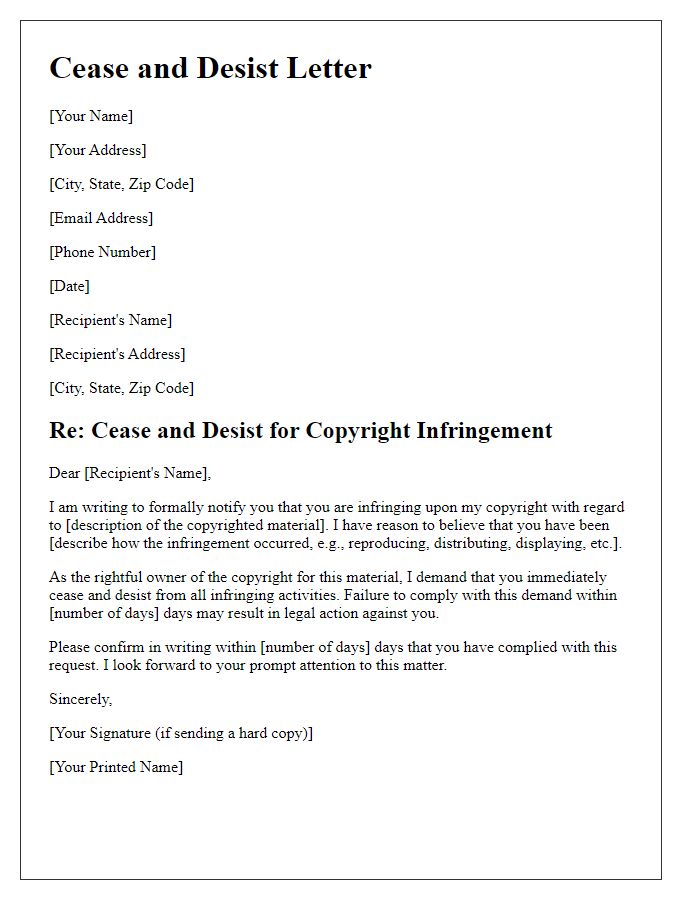 Letter template of cease and desist for copyright abuse