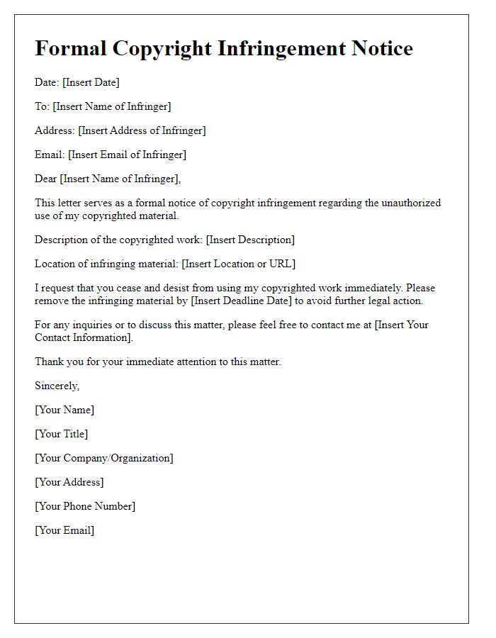 Letter template of formal copyright infringement notice