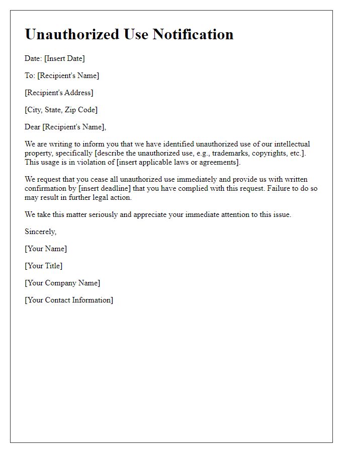 Letter template of unauthorized use notification