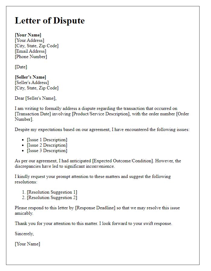 Letter template of buyer-seller transaction dispute formal letter.