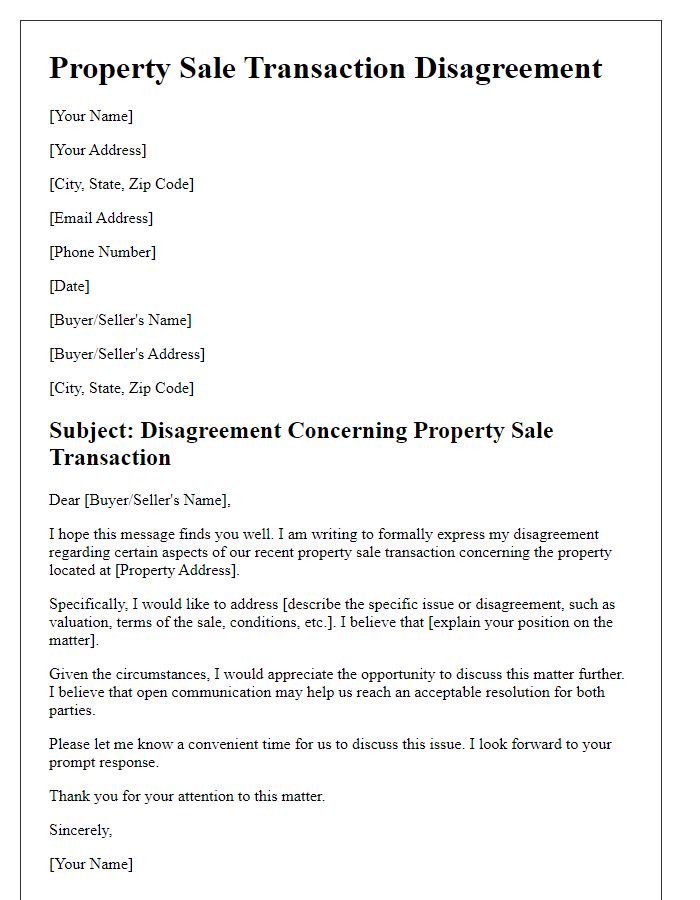 Letter template of property sale transaction disagreement.