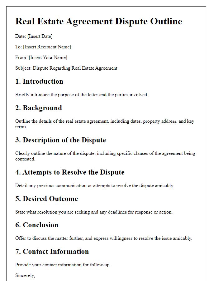 Letter template of real estate agreement dispute outline.