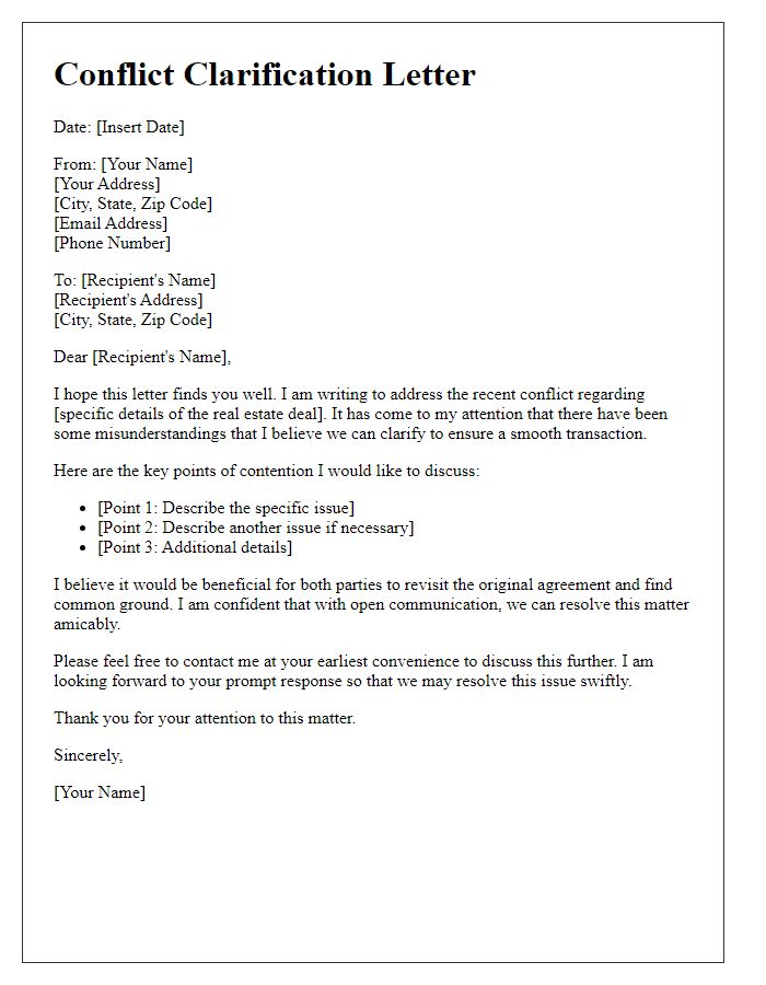 Letter template of real estate deal conflict clarification.