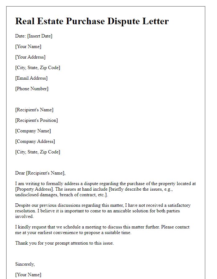 Letter template of real estate purchase dispute communication.