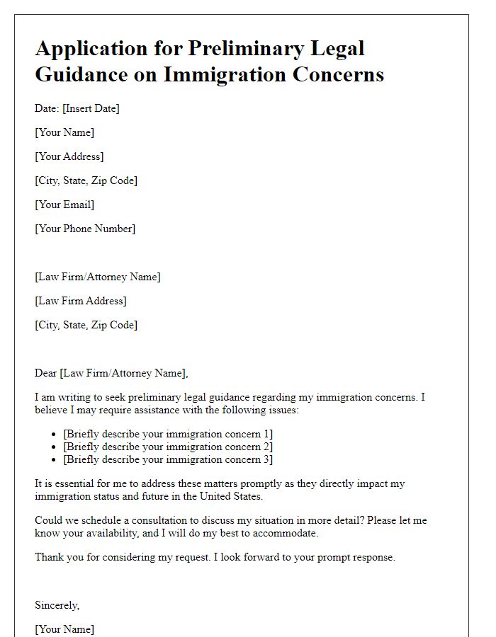 Letter template of application for preliminary legal guidance on immigration concerns