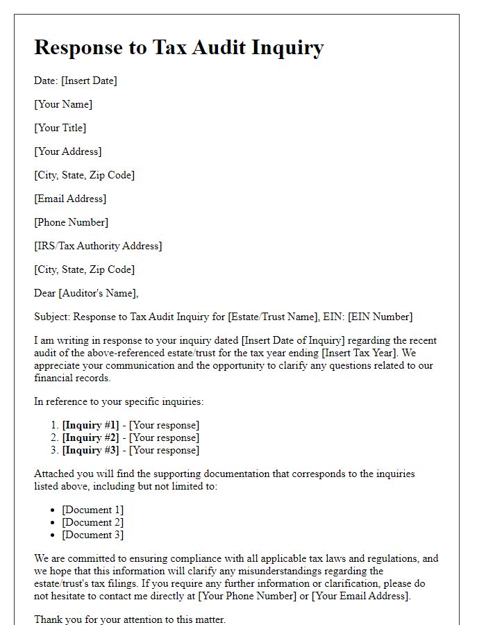 Letter template of tax audit inquiry response for estate and trust.