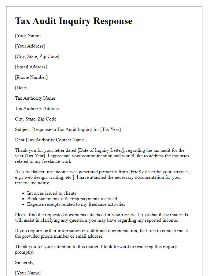 Letter template of tax audit inquiry response for freelancers.