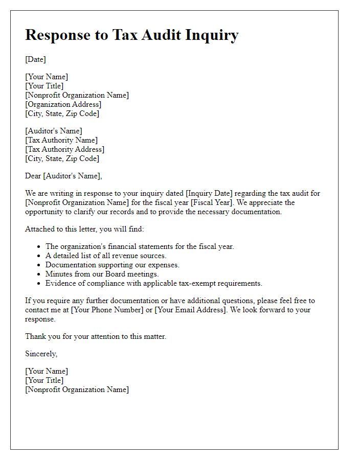 Letter template of tax audit inquiry response for nonprofit organizations.