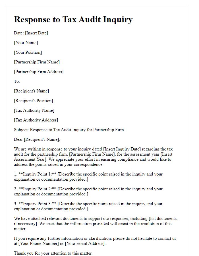 Letter template of tax audit inquiry response for partnership firms.