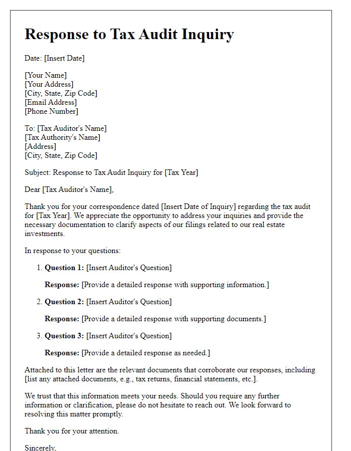 Letter template of tax audit inquiry response for real estate investors.