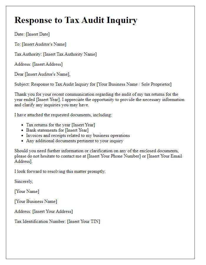 Letter template of tax audit inquiry response for sole proprietors.