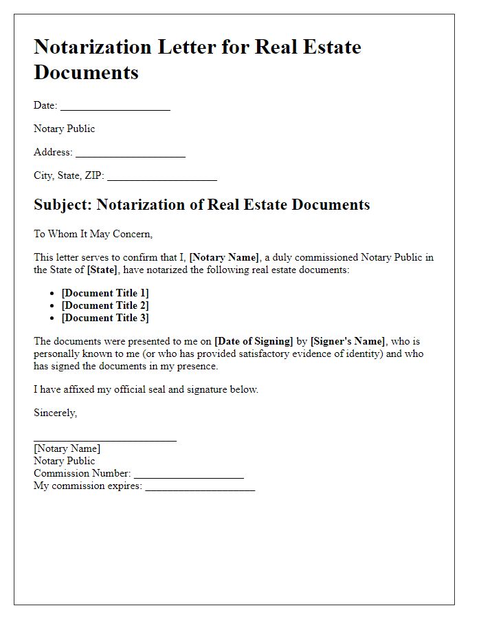 Letter template of notarization for real estate documents