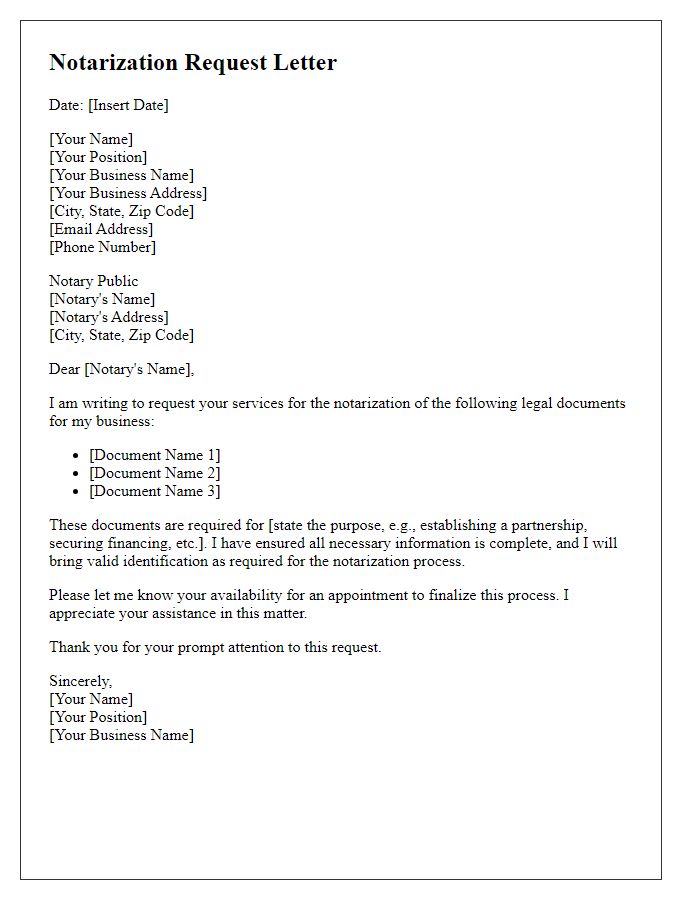 Letter template of notarizing legal documents for business