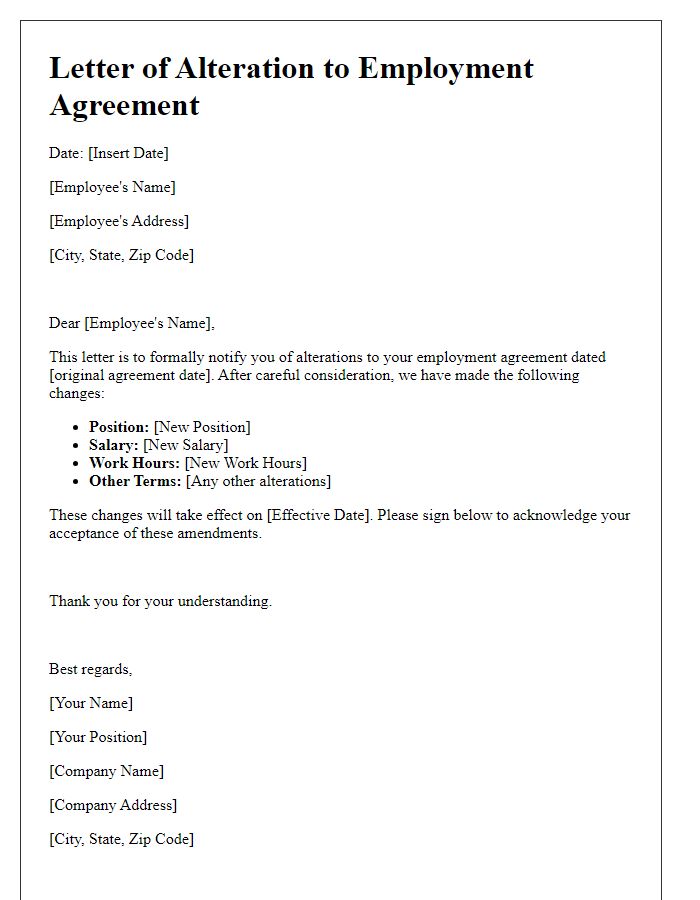 Letter template of alterations in employment agreement