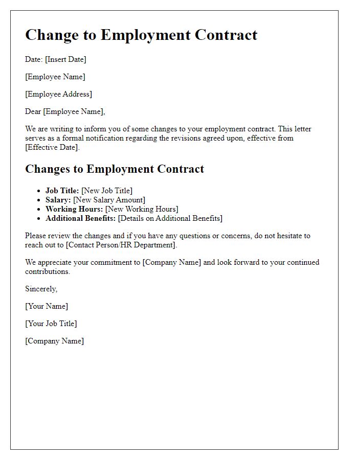 Letter template of changes to employment contract