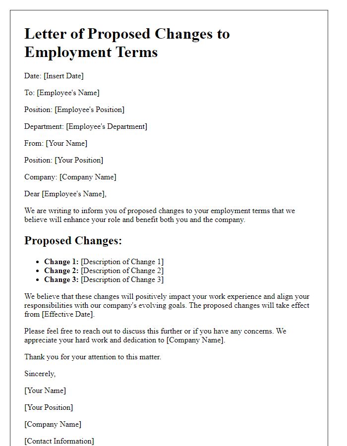 Letter template of proposed changes to employment terms