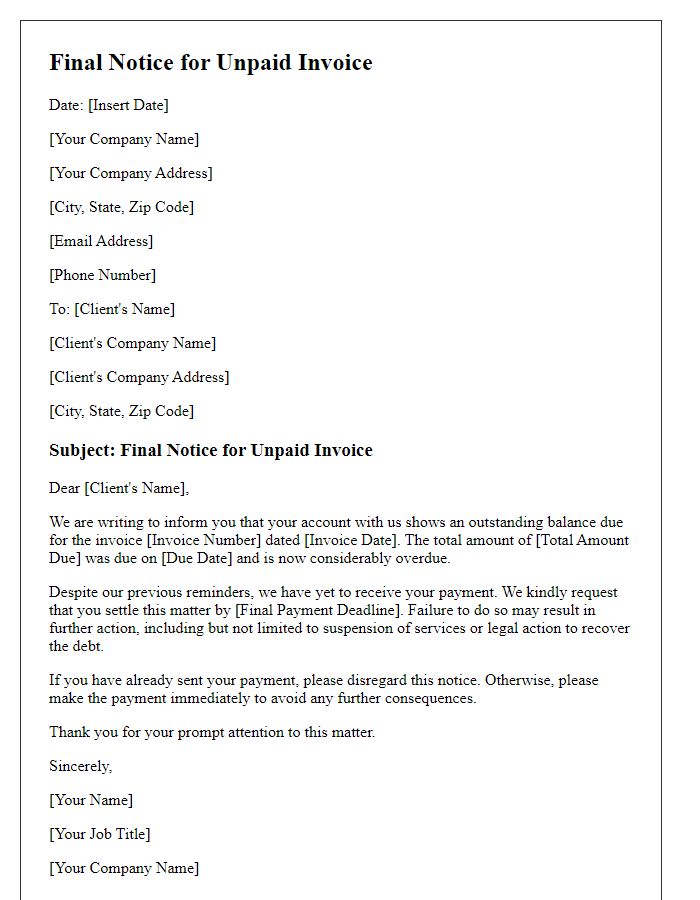 Letter template of final notice for unpaid invoices.