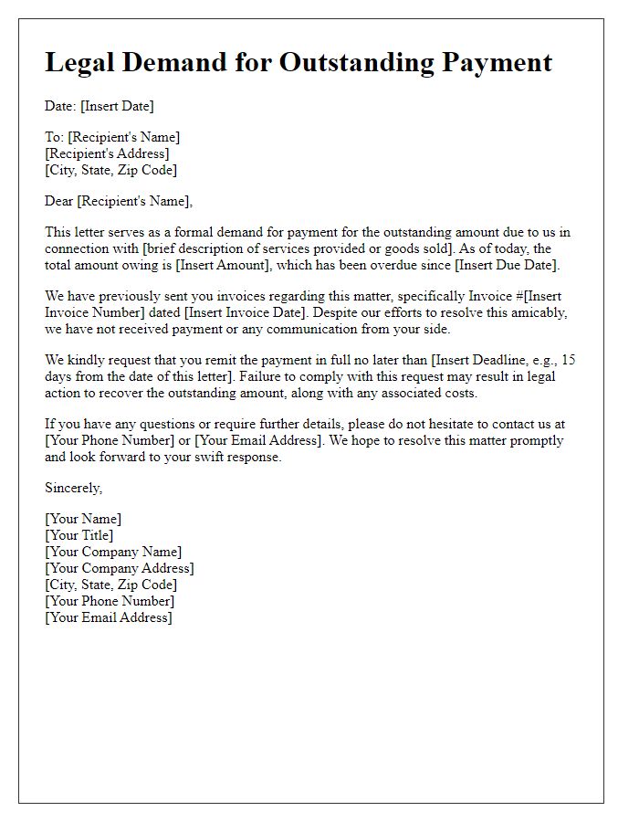 Letter template of legal demand for outstanding payment.