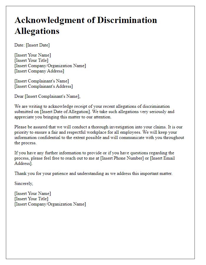 Letter template of acknowledgment for discrimination allegations