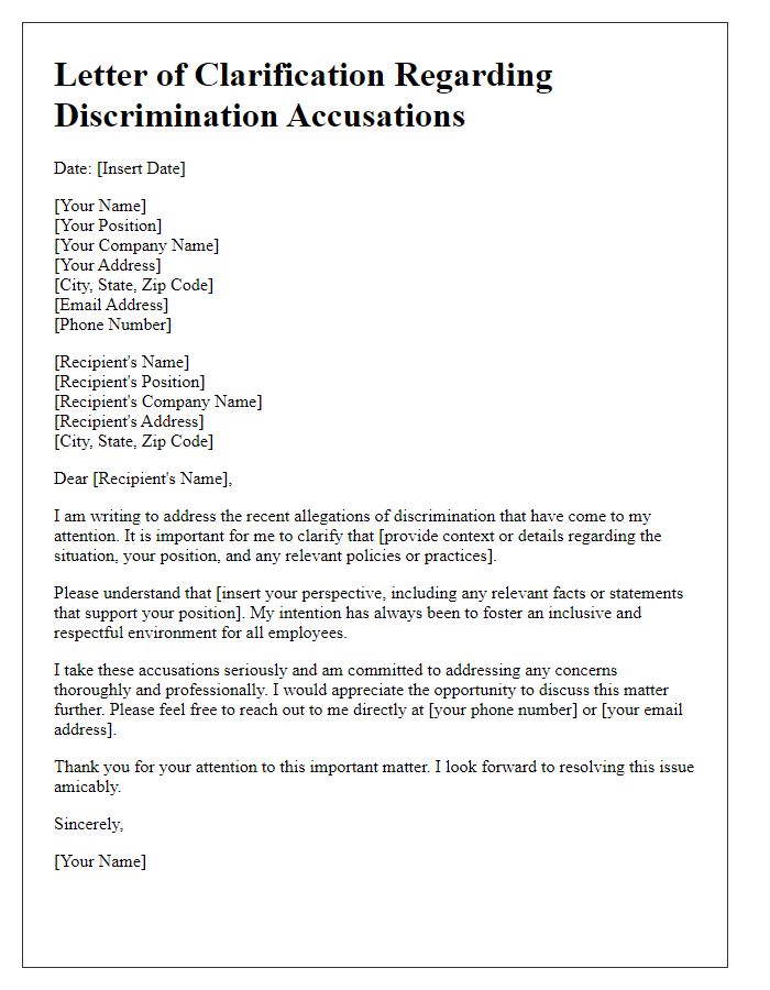 Letter template of clarification regarding discrimination accusations