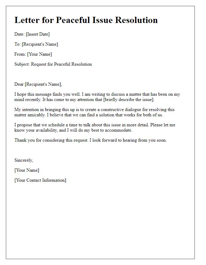 Letter template of communication for resolving issues peacefully