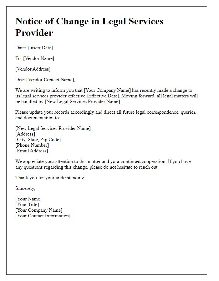 Letter template of change in legal services provider for vendors.