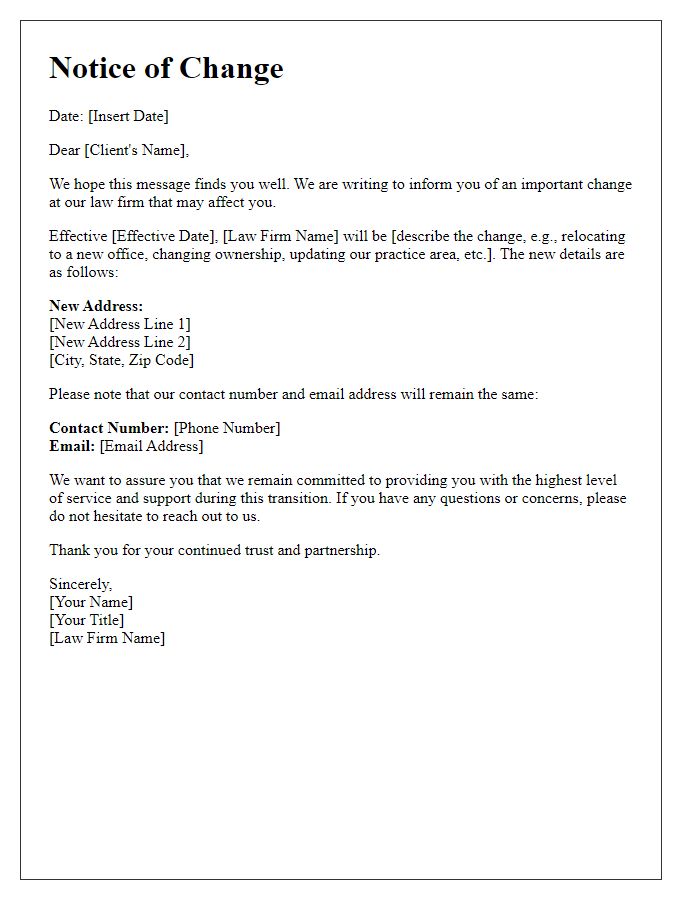 Letter template of law firm change notification for clients.