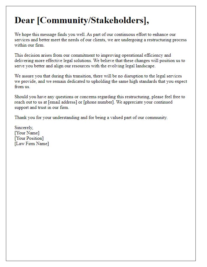 Letter template of law firm restructuring communication for the community.