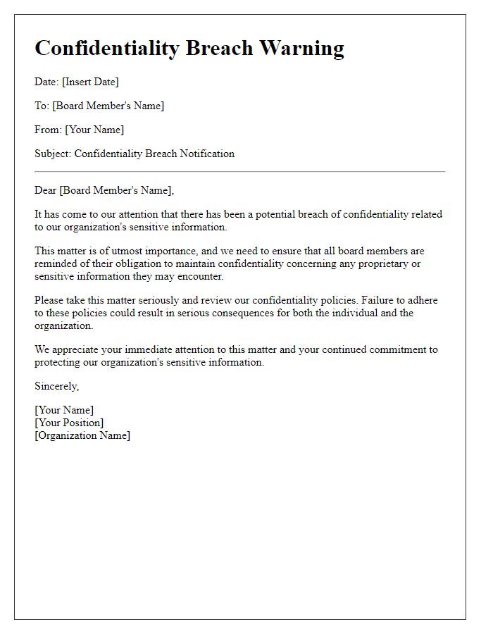 Letter template of confidentiality breach warning for board members