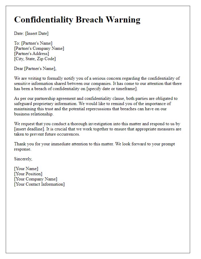 Letter template of confidentiality breach warning for business partners