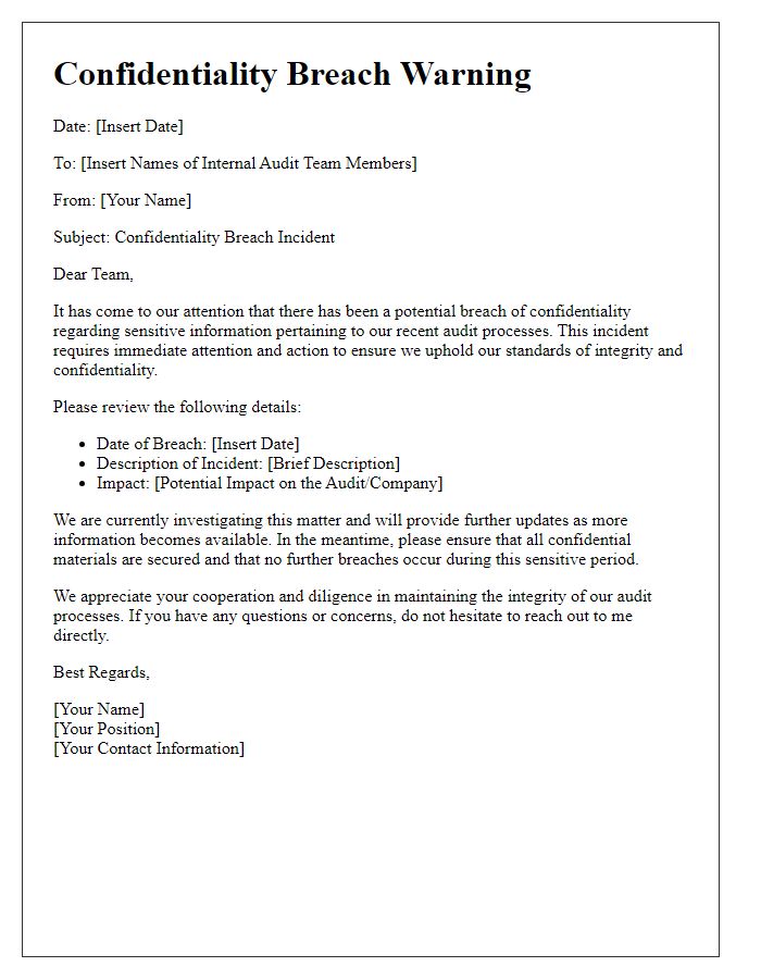 Letter template of confidentiality breach warning for internal audit teams